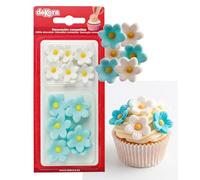 Dekora - Caja de Flores de Azucar con 7 Margaritas Blancas y 7 Margaritas Azules - Figuras Comestibles para Tartas - Decoracion Tarta Cumpleaños de Azúcar