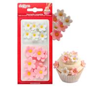 Dekora - Caja de Flores de Azucar con 7 Margaritas Blancas y 7 Margaritas Rosas - Figuras Comestibles para Tartas - Decoracion Tarta Cumpleaños de Azúcar