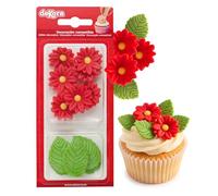 Dekora - Caja de Flores de Azucar con 7 Margaritas Rojas y 5 Hojas Verdes - Figuras Comestibles para Tartas - Decoracion Tarta Cumpleaños de Azúcar