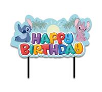 dekora, Cake Topper de Stitch & Angel Happy Birthday para Tarta de Cumpleaños Infantil, Decoración de Fiesta Temática Disney, Apto para Contacto Alimentario, Silueta de Papel 17,5 x 13 CM