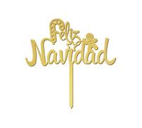 dekora - Cake Topper Feliz Navidad - Decoración para Tarta de Navidad Apta para Contacto Alimentario - Topping de Plástico para Decorar Pasteles Navideños - Color Oro - Medidas 11 x 14 cm