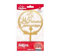 dekora - Cake Topper “Mi Primera Comunión” en Dorado - Decoración para Tartas y Mesas Dulces - Plástico Apto para Contacto Alimentario - 16x9,5 cm - No Comestible