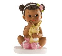 dekora- Figura de Decoracion Bautizo Niña, Bebé con peluche, 10 cm, Elaborada en Resina, Adorno para Tartas de Bautizo y Baby Shower Diseño Original y Detallado - Apto para Contacto Alimentario