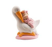 dekora - Figura de Decoracion Bautizo Niña, Cigüeña con Bebé dormido 10 cm, Cake Topper y Decoración de Tartas de Bautizo