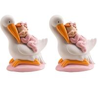 dekora - Figura de Decoracion Bautizo Niña, Cigüeña con Bebé Dormido 10 cm, Cake Topper y Decoración de Tartas de Bautizo (Paquete de 2)