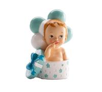 dekora- Figura de Decoracion Bautizo Niño, Bebé en caja de regalos, 10,5 cm, Elaborada en Resina, Adorno para Tartas de Bautizo y Baby Shower Diseño Original y Detallado Apto para Contacto Alimentario