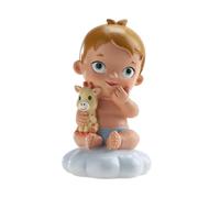 dekora - Figura de Decoracion Bautizo Niño con peluche, 10,5 cm, Elaborada en Resina, Adorno para Tartas de Bautizo y Baby Shower Diseño Original y Detallado Apto para Contacto Alimentario