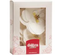 dekora - Flores Comestibles para tartas, 10 orquídeas blancas de oblea 8.5 x 7.5cm, sin azúcar, sin gluten, sin lactosa, Adornos Comestibles para Tartas, Cumpleaños y Bodas