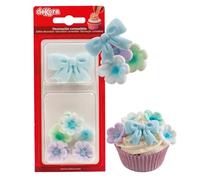 dekora - Flores de azúcar para tartas, Set de decoraciones comestibles con 7 flores y 2 lazos azules, Adornos dulces para cupcakes, Baby shower, Gender reveal, Cumpleaños y Repostería creativa