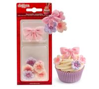dekora - Flores de azúcar para tartas, Set de decoraciones comestibles con 7 flores y 2 lazos rosas, Adornos dulces para cupcakes, Baby shower, Gender reveal, Cumpleaños y Repostería creativa