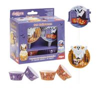 dekora Halloween Cupcake Kit - 24 Cápsulas + 24 Cake Toppers Decorativos para Magdalenas Temática Terrorífica | Moldes para Hornear Reutilizables | Ideal para Fiestas Infantiles y Repostería Creativa