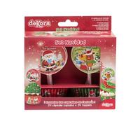 dekora - Kit de Decoración para Repostería de Navidad - 24 Moldes de Papel para Magdalenas + 24 Toppers de Papel - Decoración Navideña para Cupcakes, Muffins, Magdalenas y Otros Dulces - Rojo y Verde