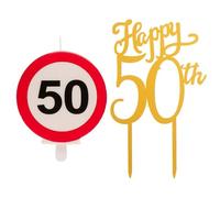 dekora, Kit Tarta 50, Vela Prohibido + Cake Topper Oro, Decoración para Tarta de 50 Cumpleaños, Adornos para Pasteles y Fiestas