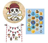 dekora, Kit Tarta Pirata con Disco de Oblea, Mini Discos para Cupcakes y Cake Topper de Papel, Decoración para Tarta de Cumpleaños Infantil, Adornos para Pasteles y Fiestas Temáticas