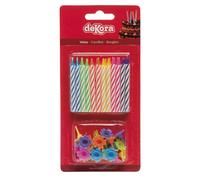 dekora - Set de 12 Velas de Cumpleaños Multicolor con Soportes en Forma de Flor - Velas para Tartas Infantiles y Adultos - Rojo, Amarillo, Blanco y Azul