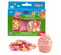 dekora - Sprinkles de azúcar para repostería, Mix “Peppa pig", Decoracion para tartas de cumpleaños infantiles, (3 unidades) Adornos comestibles para tartas, cupcakes y galletas, Sin gluten 70g