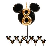 dekora - Vela de Cumpleaños de Mickey Mouse - Velas de Disney - Cera de Parafina sin Fragancia - Velas para Niños con Orejas de Mickey Mouse Negro y Dorado - Tamaño 8,5 cm - Número 8