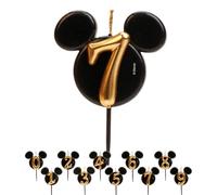 dekora - Vela de Cumpleaños de Mickey Mouse - Velas de Disney - Cera de Parafina sin Fragancia - Velas para Niños con Orejas de Mickey Mouse Negro y Dorado - Tamaño 8,5 cm - Número 7
