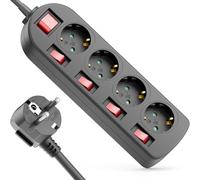deleyCON Regleta 4 Tomas - Interruptor ON/Off - Control Individual - 3,0m Cable - 4X Toma Base Múltiple Corriente Distribuidor Extensión Regleta Hogar Oficina 3680W 16A - Negro