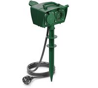deleyCON Toma Exterior con Estaca, Cuatro Tomas, Protección Reforzada, IP44 Resistente a Salpicaduras, Apta para Intemperie, Cable de 5 m para Jardín y Terraza