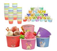 dellyy Vasos de Papel, Vasitos de Helado Desechables 180 ml con 25 Cucharas, Tarrinas para Helados con 25 Figuras de Animales y Letras para Helado, Sopa