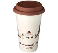 De'Longhi Hot Coffee Taza de viaje de cerámica térmica de doble pared + tapa de silicona, 10 onzas, tema de trotamundos