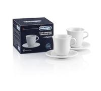 De'Longhi Tazas de Porcelana para Cappuccino DLSC309, Set de 2 Tazas para Cappuccino, 2 Platillos Incluidos, Aptas para Microondas y Lavavajillas, Capacidad 270 ml, Blanco
