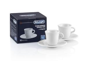 De'Longhi Tazas de Porcelana para Espresso con Platillo DLSC308, Set de 2 Tazas, Hechas a Mano, Fabricadas en Porcelana, Aptas para Microondas y Lavavajillas, Capacidad 70 ml, Color Blanco