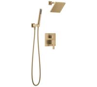 Delta Juego moderno de grifo de ducha cuadrado dorado cepillado de 16,5 cm, cabezal de ducha y mango, juego de carenado de válvula, bronce champán T342703-CZ (válvula no incluida)