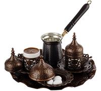 DEMMEX Juego de Café Turco de 12 Piezas con Cezve de Cobre - Tazas, Porta-tazas, Platos, Azucarero y Bandeja - Elegante Set Artesanal para 2 Personas, Antiguo