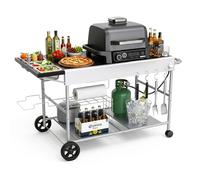 Denmay 128 x 66 x 78 cm carro de barbacoa para Weber Q Serie, Ninja Woodfire, horno de pizza, parrilla de mesa, horno para pizza, carrito de servir con gran superficie de trabajo, mesa de barbacoa al