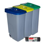 Denox PK3331 Pack Reciclaje Reciclo 85 litros Abierto c/u: 255 litros totales, en 3 contenedores, en Colores Azul/Verde/Amarillo