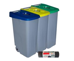 Denox PK3331 Pack Reciclaje Reciclo 85 litros Abierto c/u: 255 litros totales, en 3 contenedores, en Colores Azul/Verde/Amarillo