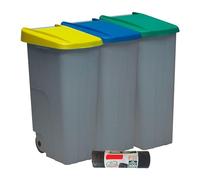 Denox PK3334 Pack Reciclaje Reciclo 85 litros Cerrado c/u: 255 litros totales, en 3 contenedores, en Colores Azul/Verde/Amarillo