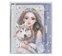 Depesche 13176 TOPModel Wolf - Cuaderno en Plata Brillante y Azul, con Motivo de Lobo, Estrellas y 160 páginas, Incl. lápiz