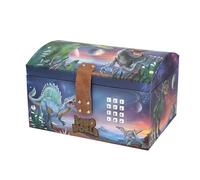 Depesche 13441 Dino World - Cofre del tesoro en diseño de dinosaurio con planetas, caja de almacenamiento con código, sonido y luz