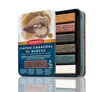 Derwent 2306177 - Set de 6 Bloques XL de Carboncillo Teñido, Tamaño 60 x 20 x 20 mm, Textura Suave, Soluble en Agua, Incluye Estuche Metálico Compacto
