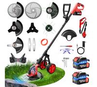 Desbrozadora a Batería con Ruedas 12 Pulgadas, Cortabordes Eléctrico 800W, 2 Baterías 6000mAh, 4 Tipos de Cuchillas Intercambiables, Desbrozadora Eléctrica para Césped, Jardín y Patio