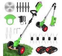 Desbrozadora a Batería Plegable con Ruedas, Cortabordes Eléctrico 800W 4 en 1, 2 Baterías 21V, Compatible con Makita 18V, 13 Accesorios, Cabezal 90°, Mango Ajustable, para Jardín y Maleza