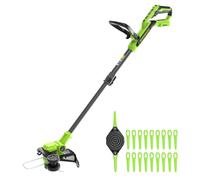Desmalezador eléctrico Greenworks de 24V, con un ancho de corte de 30 cm, cabezal motorizado giratorio e inclinable en 90°, incluye carrete de hilo y 20 cuchillas de plástico. Se vende sin batería ni