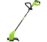 Desmalezador eléctrico Greenworks de 24V, ideal para jardines pequeños y medianos, con un ancho de corte de 25 cm. Incluye 20 cuchillas de plástico. No incluye batería ni cargador