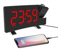 Despertador con proyector, radio, 2 alarmas, 4 niveles de brillo, giratorio 180°, color rojo