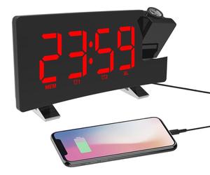 Despertador con proyector, radio, 2 alarmas, 4 niveles de brillo, giratorio 180°, color rojo