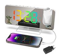 Despertador de Proyección 7,5 " Pantalla LED dinámico RGB, Despertador Proyector Alarma Dual con Repetición, Función de atenuación automática, Puerto de Carga USB (Blanco con adaptador)