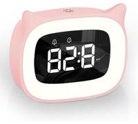 Despertador digital para niños con luz y 18 melodías, diseño de gatos con motivos oscuros, luz nocturna roja, 5 niveles de brillo y función de repetición.