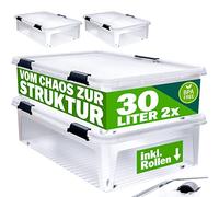 Deuba® 2X Cajas de Almacenamiento 30L Tapa Clips de Cierre Transparentes Almacenaje Juguetes Ruedas Apilable