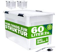 Deuba® 2X Cajas de Almacenamiento 60L Tapa Clips de Cierre Transparentes Almacenaje Juguetes Ruedas Apilable