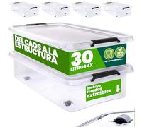 Deuba® 4X Cajas de Almacenamiento 30L Tapa Clips de Cierre Transparentes Almacenaje Juguetes Ruedas Apilable