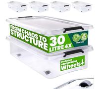 Deuba® 4X Cajas de Almacenamiento 30L Tapa Clips de Cierre Transparentes Almacenaje Juguetes Ruedas Apilable