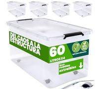 Deuba® 4X Cajas de Almacenamiento 60L Tapa Clips de Cierre Transparentes Almacenaje Juguetes Ruedas Apilable